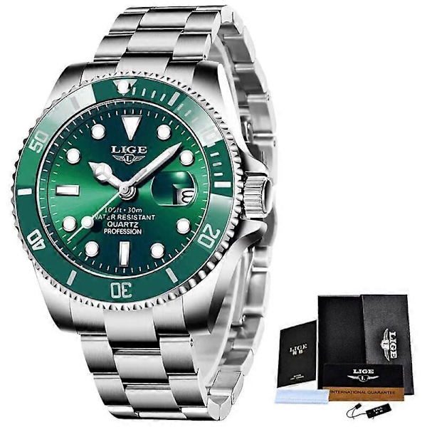 LIGE Top Brand Luksus Mode Dykkerur Mænd 3ATM Vandtæt Dato Ur Sportsure Herre Quartz Armbåndsur Relogio Masculino Silver green