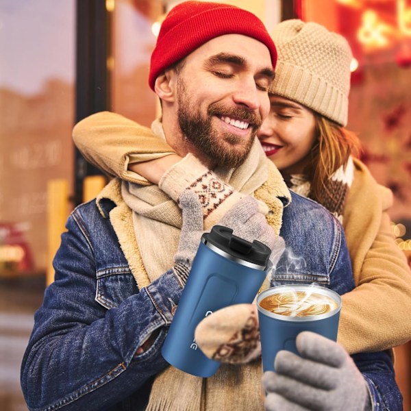 Reisekopp med lekkasikkert lokk Gjenbrukbar isolert kaffekopp for varme og kalde drikker/te Bærbar termos i rustfritt stål Termoskopp for takeaway Blue 510ml