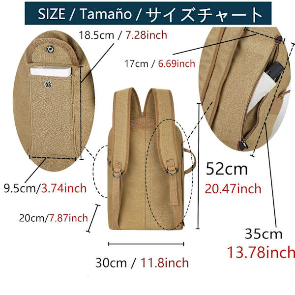 45L Canvas Reseryggsäck, Vandringsryggsäck, Casual Utomhusryggsäck, Bokväska, Skolryggsäck, Fiskeryggsäckar Khaki
