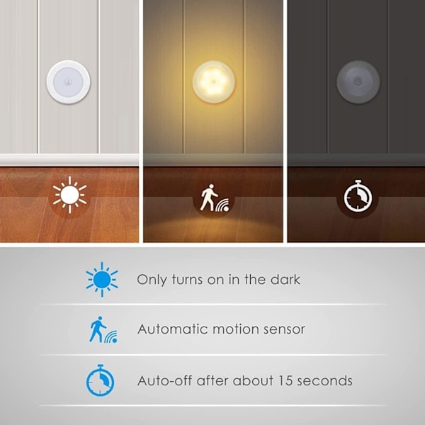 Oppgradert bevegelsessensorlys, trådløst batteridrevet LED-nattlys, klistre-overalt skaplys trappelys (varm hvit - 6-pakning)