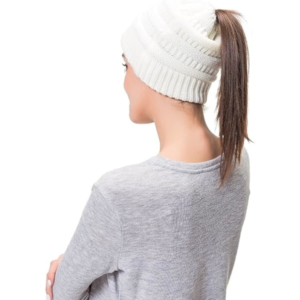 Dame Cable Strikket BeanieTail Messy Bun Hestehalehette Varm Vinter Beaniehatt Light Gray