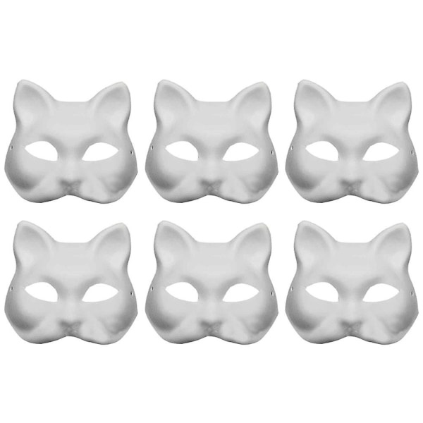 6 st ofärgade katt-cosplaymasker i papper, tecknade masker för vuxna, maskeradfest, vit, 18 x 16 x 6 cm