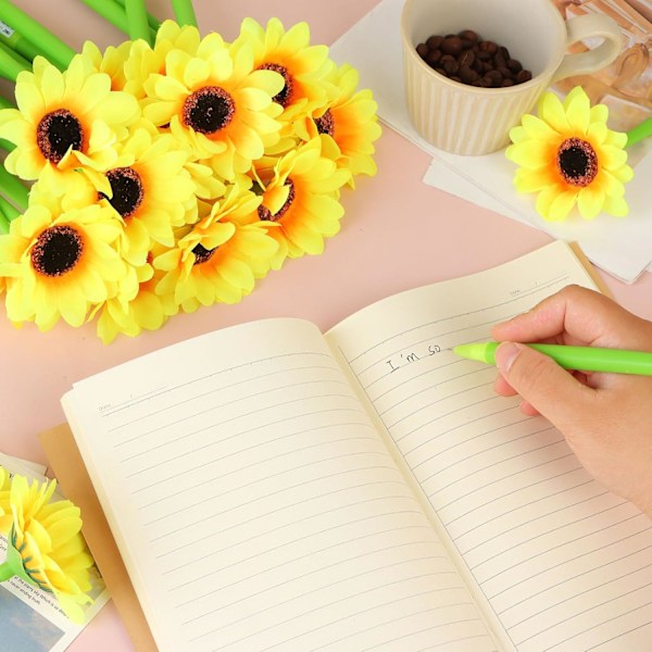 28 stk Blomsterpenner Kunstige Solsikkepenner Blomster Kulepenn Svart 0,5 mm Gelblekk Rullepenn