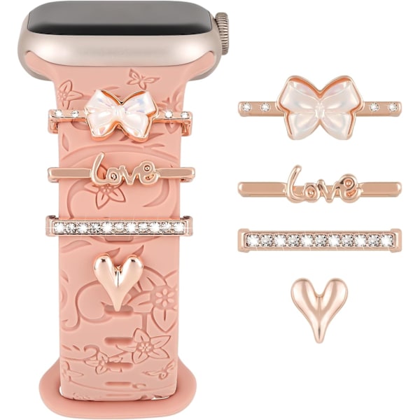 1 sett med charms til Apple Watch-stropper for kvinner, dekorative ringer for iWatch-serier, charms-tilbehør til silikonestropper Rose gold Heart