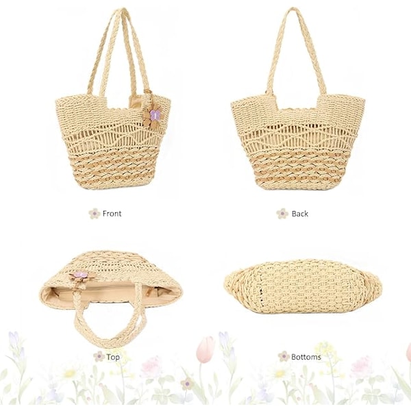 Halmstrandtaske, Boheme Sommer Vævet Stor Håndtaske, Håndlavet Rattan Skuldertaske til Kvinder Beige