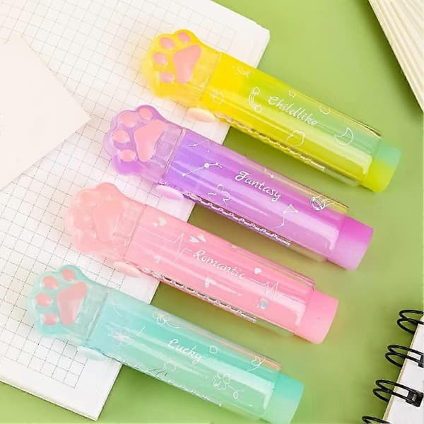 Förpackning med 4 kattfot-suddgummin, infällbart gummi för barn, gradient-suddgummin