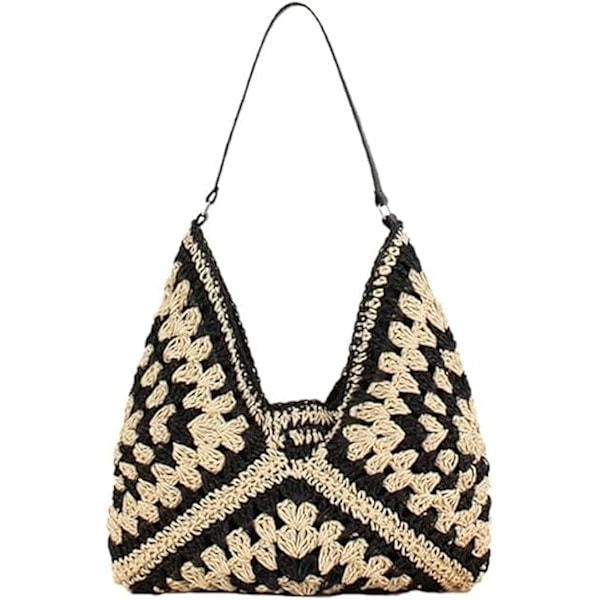 Stor Crossbody-väska för Kvinnor, Sommarväska i Raffia, Damväska i Halm, Sommarstrandväska, Tygväska, Virkade Väskor Negro