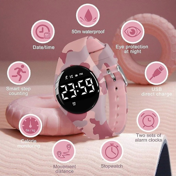 Barnklocka, Digital Klocka Kompatibel Med Pojkar Flickor, Sportklocka Med Fitness Tracker, Väckarklocka, Stoppur, Ingen App Och Vattentät, Klocka Kompatibel 24-ArmyRed