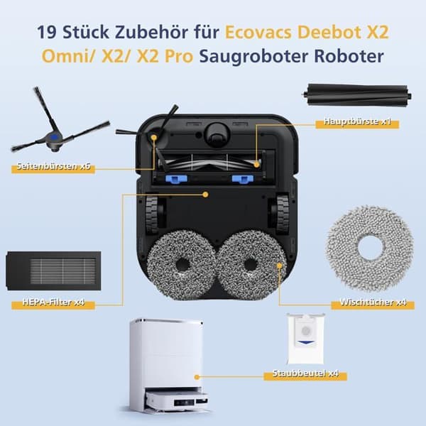 Sæt med 19 tilbehør til Ecovacs Deebot X2 Omni/X2/X2 Pro robotstøvsuger, hovedbørste, tilbehørssæt osv.