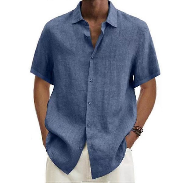 Sommar Skjorta med Krage och Knappar i Bomull och Linne, Enfärgad Herrtopp blue XXXXL