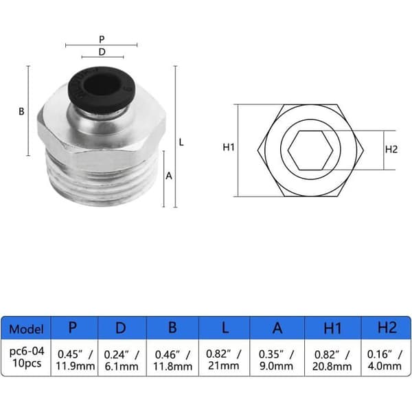 10-pack 6 mm push-in pneumatiska kopplingar 1/2\" NPT hane PC6 N4 för högtrycksluft, mässing