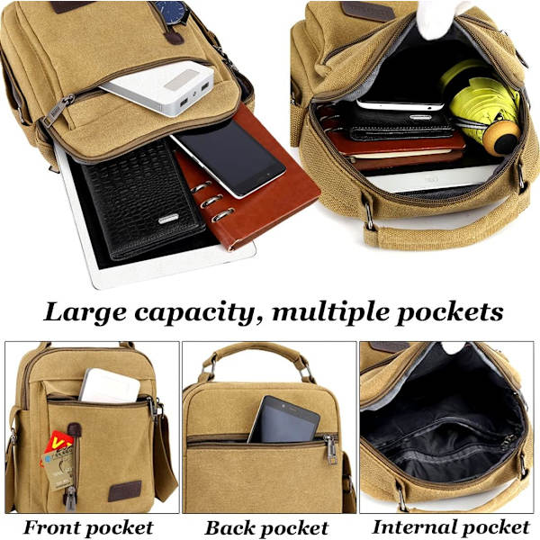 Små Crossbody Axelväskor för Resor Messenger Väska Canvas Telefonväska Herrhandväska med Flera Fickor för Arbete Vandring