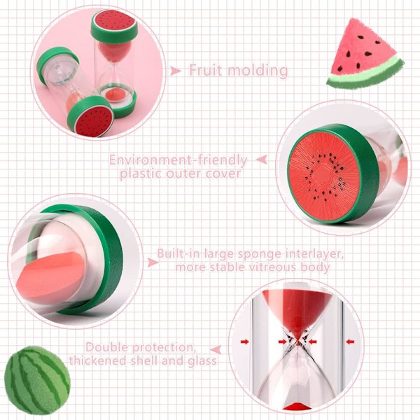 Frukt Timeglass Sandklokke, Sikker Fargerik Klar Måler Sandklokke med Beskyttende Deksel Base for Hjem Desk Dekor Kjøkken Matlaging Nedtelling Watermelon 10 min