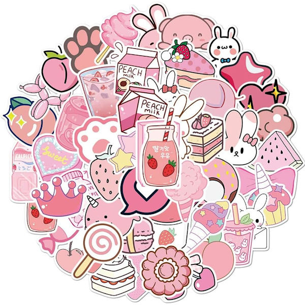 50 st Pink Söta Klistermärken Pack, Vattentäta Självhäftande Vinylklistermärken Dekaler Skrapböcker Journalföring Flickor Tonåringar (Olika Mönster)