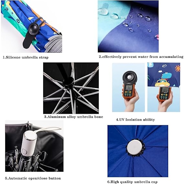 Automatisk Vikbart Barnparasoll UV-Resistent Reseparasoll En-Knapp Öppning-Stängning Cartoon Dinosaur Tryck Anti-Återfjädring Design Bärbar Vatten