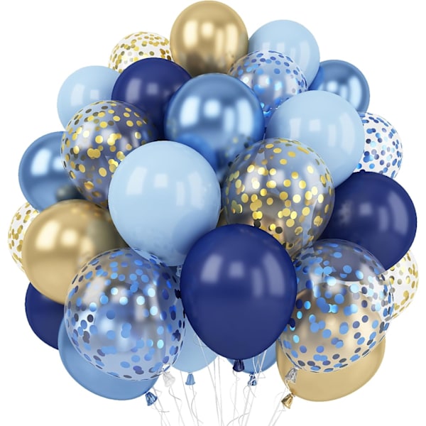 60 Packs 12 Inch Metallic Blue and Macaron Blue Balloons with Metallic Gold Confetti Balloons for Birthday Party Decorations, Wedding, Bridal Shower