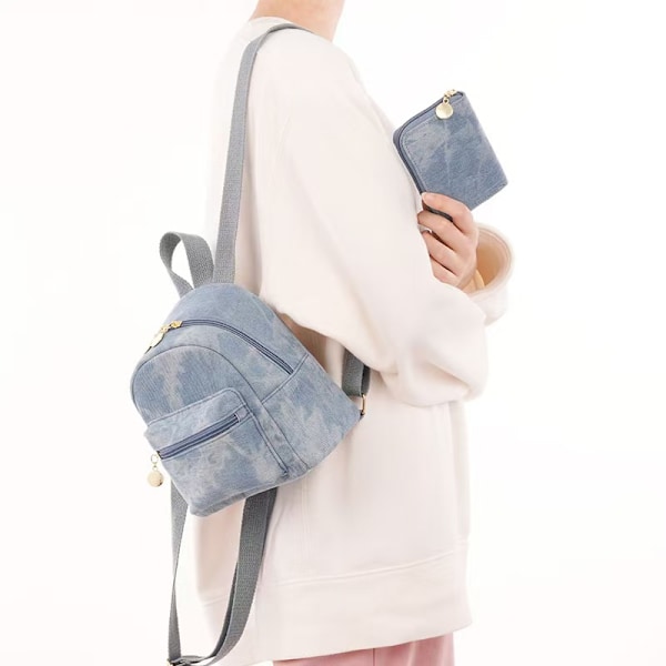 Retro denimryggsäck, mångsidig skolryggsäck för damer i skogsstil, fräsch och enkel högkvalitativ damryggsäck Blue