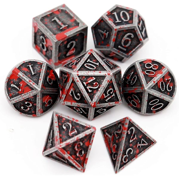 Blodflekket Metall DND Terning Sett Blodflekket Terning D&D Polyedrisk RPG Terning (Antikk Jern Rød)