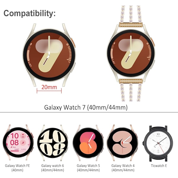 Kompatibel med Galaxy Watch-rem 20 mm, dam, Bling-metallarmband för Galaxy Watch 7/6/5/4-rem Gold