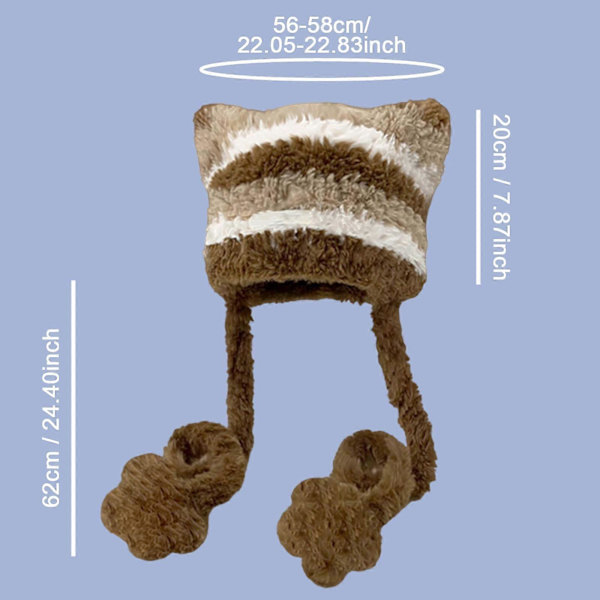 Kissakorva pipo naisille, korvasuoja, tuulenpitävä hiihtopipo, talvihattu sininen ja harmaa Coffee and Brown Hat Circumference 56cm to 58cm