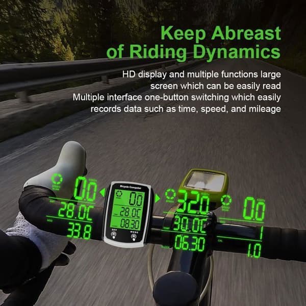 Cykelcomputer, 19 funktioner, IP65 vandtæt, med LED-baggrundsbelyst display, speedometer