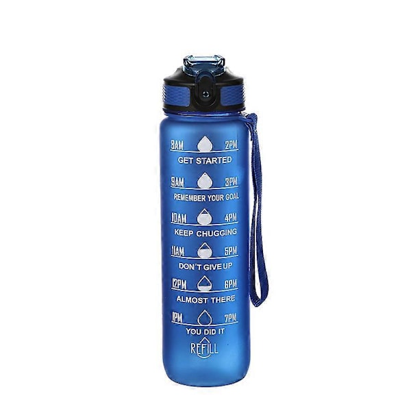 1 litran motivoiva urheilujuomapullo pillillä, tiivis, BPA-vapaa muovinen juomapullo 1l, suunniteltu tytöille ja pojille juoksuun ja pyöräilyyn blue