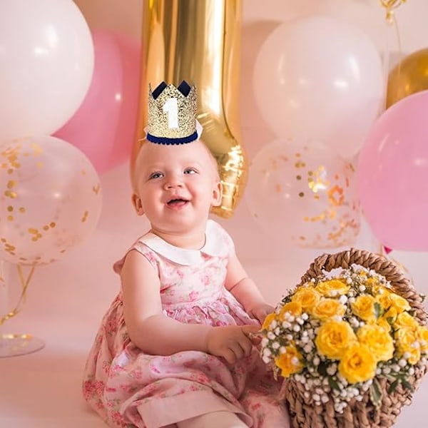 Baby Tiara Krone til 1 års fødselsdagsfest, Baby Første Fødselsdag Glitter Krone, 1 års Fødselsdag Hat Første Fødselsdag Pandebånd Fest Huer til 1 års Fødselsdag Dark Blue