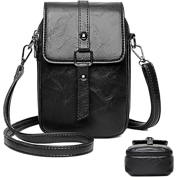 Liten Crossbody Väska Fritidsväska, Axelväska Mobiltelefon Plånboksväskor PU-Läder Väska Unisex Väska Tvåvåningsväska, Handväska med Stor Kapacitet black