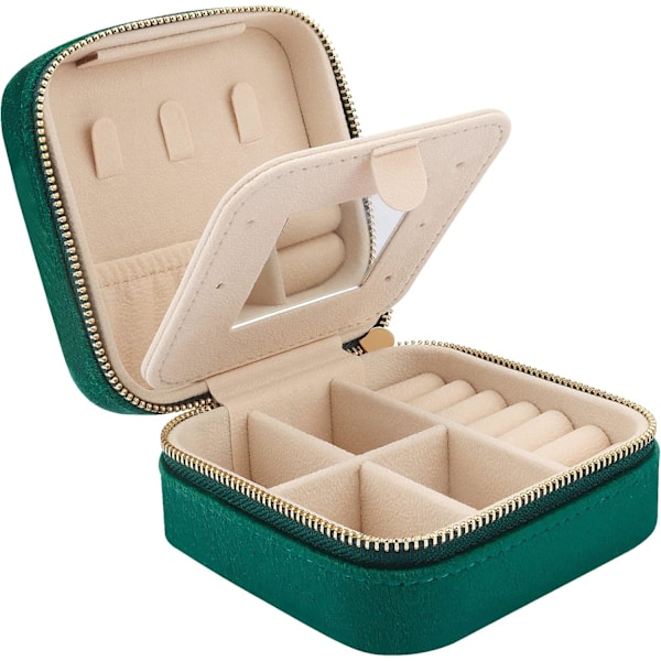 Mini Velvet Rejse Smykkeskrin med Spejl, Rejse Smykkeskrin Organizer, Lille Smykke Organizer Opbevaring til Ringe Øreringe Halskæder Armbånd Dark Green