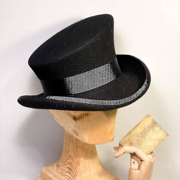 Asymmetrisk Tophat i Uld - Dame, Herre, Unisex - Steam Punk Hat - Tophat med Modebånd - Dekorativ Hat til Mænd - yu Black One Size