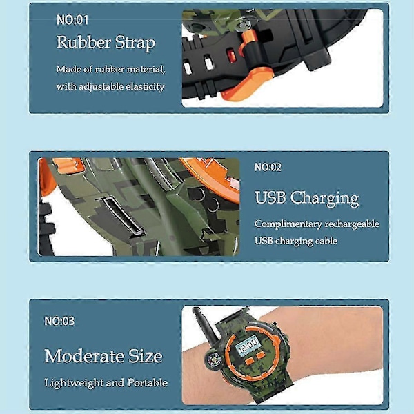 Uppladdningsbara Walkie Talkie-klockor för barn - 2-pack Walkie Talkies Leksaker 100m Lång Räckvidd Tvåvägsradio För Camping, Vandring, Cykling, Julklappar Till Pojkar Flickor Camo Green