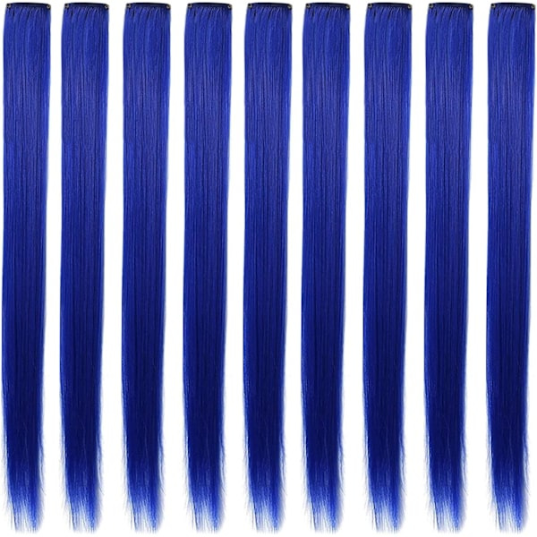 9 KPL 53 cm Värilliset Klipsipidennys Siniset Hiuspidennykset Klipsillä Tytöille Siniset Hiusklipsit Hiuspidennykset Naisille Juhliin Loma-aikoihin (Sininen)