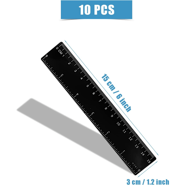 10 PAK Plastik Lineal, 15/30cm 6/12inch Lige Lineal Plastik Lineal Sæt Måleværktøj til Studerende Skole Kontor (Sort) 15cm