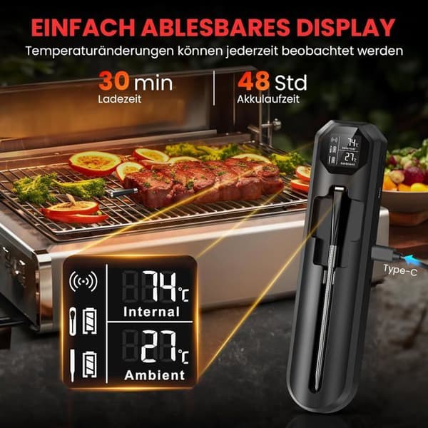 Trådløst køkkentermometer med dobbelt sensor, timer og alarm, velegnet til tilberedningsmetoder som grillning.