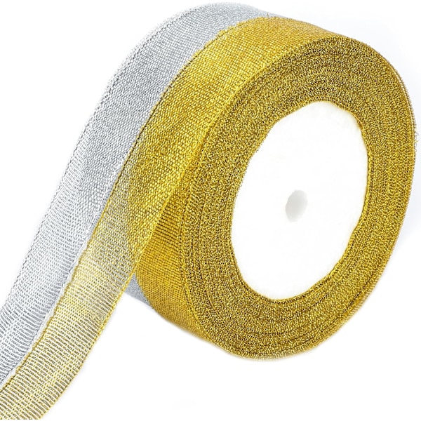 Organza Presentpappersband, 20mm Glittrande Dekorativt Julband, Band för Presentinslagning 22M Glitter Metallic Band för Julinslagning Present Gold and Silver