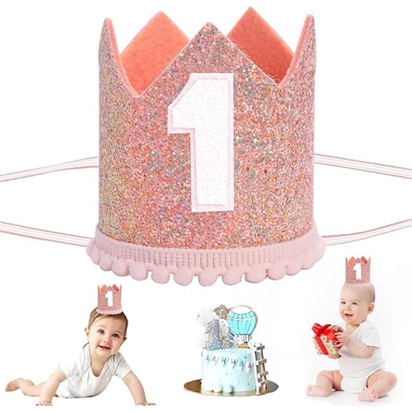 Baby Tiara Krone til 1. Fødselsdagsfest, Baby Første Fødselsdag Glitter Krone, 1. Fødselsdag Hat Første Fødselsdag Hovedbånd Fest Hatte til 1. Fødselsdag Pink