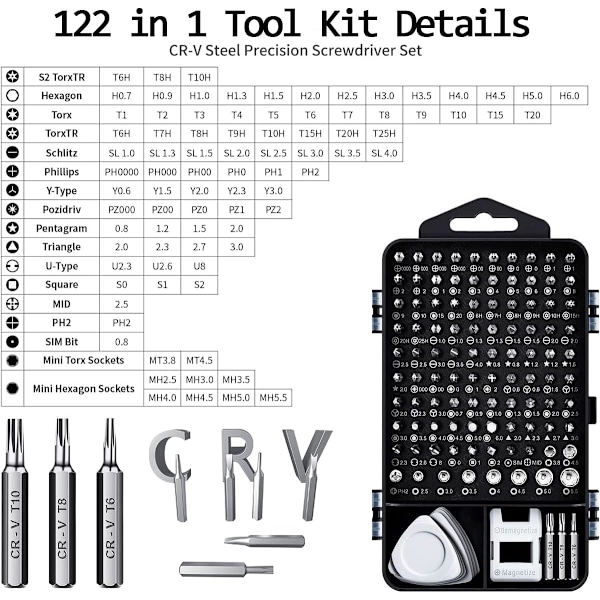 Skruvmejselset - 122 i 1 Precisionsskruvmejselset, CRV Magnetisk Skruvmejselset med Magnetisk Matta - DIY Mini Skruvmejselset för Klocka