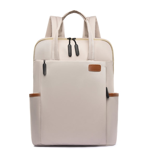 Enkel Dam Arbete Ryggsäck Laptop Handväska Casual Lättviktig Axelremsryggsäck Stor Kapacitet Rese-dagsryggsäck med Bagagerem Beige