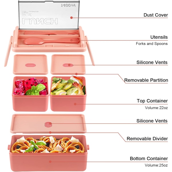 Aikuisten Lounasrasia, 49OZ Bento-laatikko Pinottava, Vuotamaton Aikuisten Bento-laatikko Irrotettavilla Osastoilla, Bento-laatikko Lounasrasia Pink