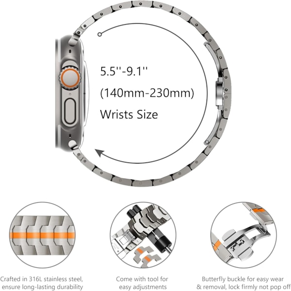 Apple Watch Ultra -ranneke 49mm 45mm 44mm 42mm -sarja miehille, metalliset rannekkeet iWatch-miesten ruostumattomasta teräksestä valmistetut rannekkeet Silver/Orange 38/40/41mm