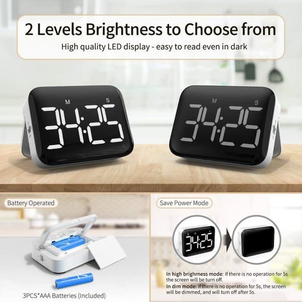 4-tommer digital køkkentimer, stor LED-skærm, magnetisk timer med justerbar lysstyrke og lyd, stopur-timer
