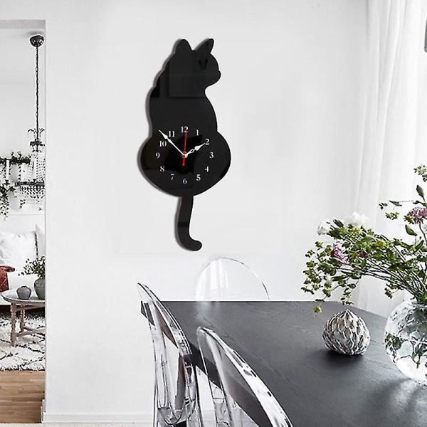 Kreativ kat pendul vægur Dekorativ akryl vægur med swing hale boligindretning lydløs scanning bevægelse Cc002 Black