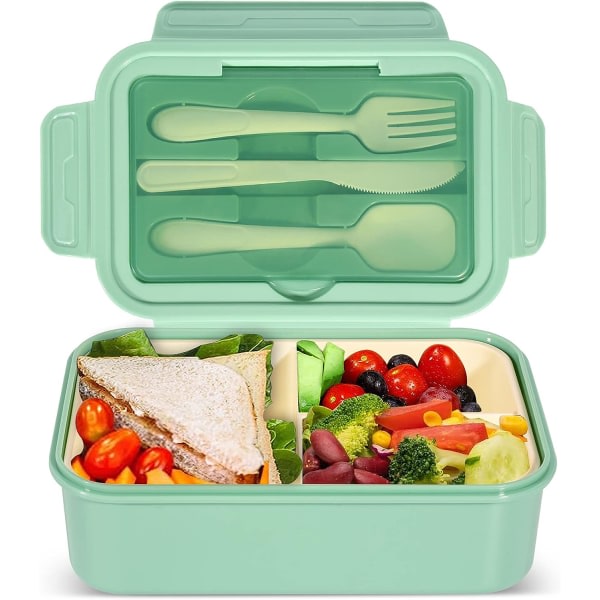 1400 ml Bento Lunchbox, behållare med 3 fack, bestick, diskmaskinsäker, BPA-fri smörgåslåda för vuxna och barn