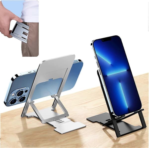 hin Bærbart foldbart mobiltelefonstativ, justerbart foldbart telefonstativ, foldbart stativ til skrivebord, rejse-lommestativ kompatibelt med iPhone Smartp Black