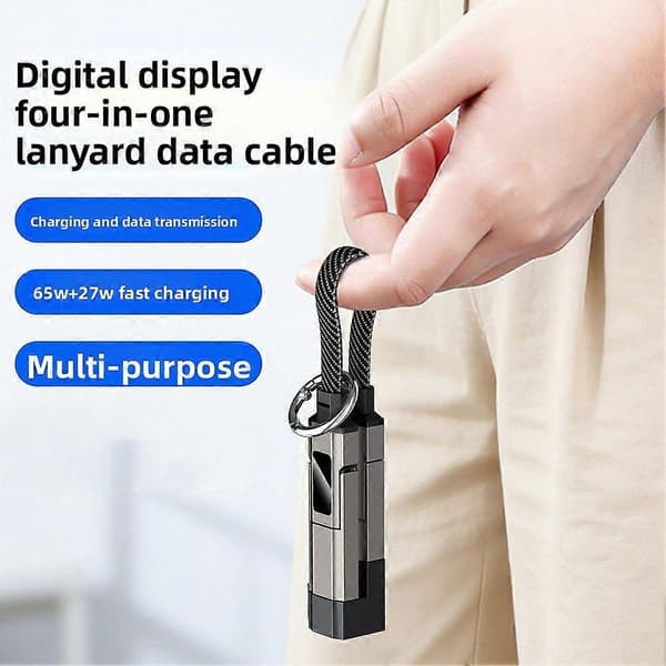 65W pikalataus 4-in-1 avaimenperäkaapeli LED-näytöllä iPhone- ja Android-laitteille - USB C & USB A monilaturi Blue