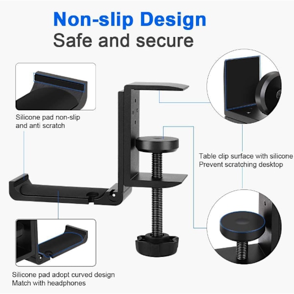 Foldbar Hodetelefonkrok Henger Holder, Plassbesparende Aluminium Lydplanke Krok med Universal Passform for Gaming PC Tilbehør, Under Skrivebord Klemme Krokmontering