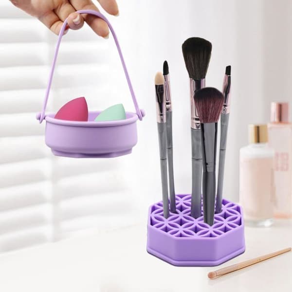 Makeupbørsterensebakke og -holder, bærbar silikonebørsterenser, lilla