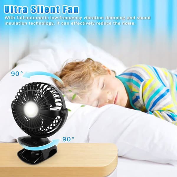 Støjsvag bærbar ventilator, bordventilator med natlys og LED-display, genopladelig, 5 hastigheder, 90°