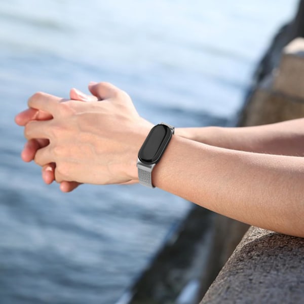 Rem til Xiaomi 8 Mænd Kvinder, Metal Armbånd til Xiaomi Mi Band 8 Magnetisk Rustfrit Stål Mesh Rem med Stærk Magnetisme Silver