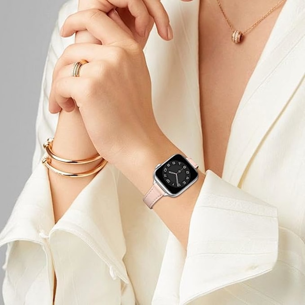 Læderrem kompatibel med Apple Watch-remme Ægte Slank og tynd læderudskiftningsrem, armbånd til iwatch-serie til kvinder og mænd Pink sand&Silver 42/44/45/49mm